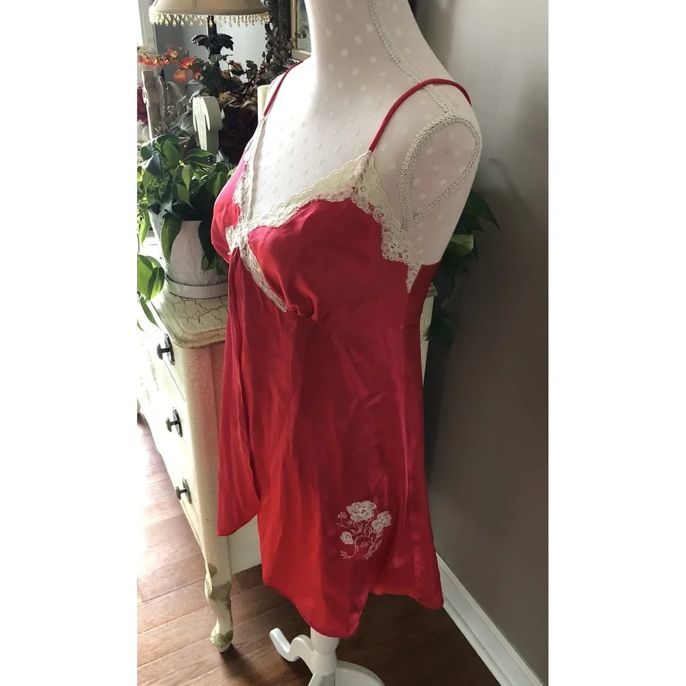 Vtg Secret Treasures Red Shiny Satin Polyester Lace Trim Nightie Sequins Women L - Picture 6 of 14